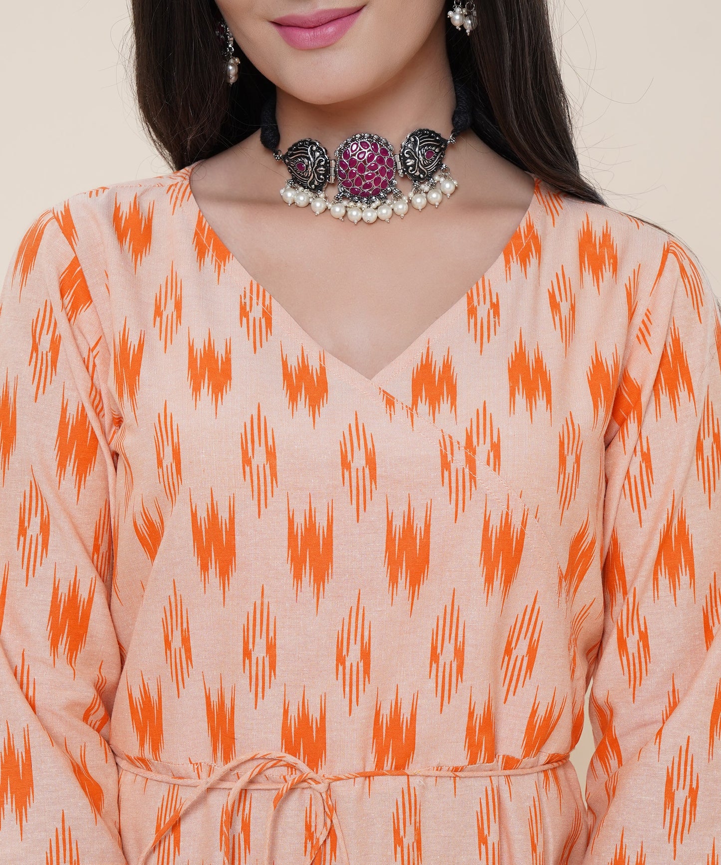 Cotton Printed Angrakha Style Kurta Design , Orange