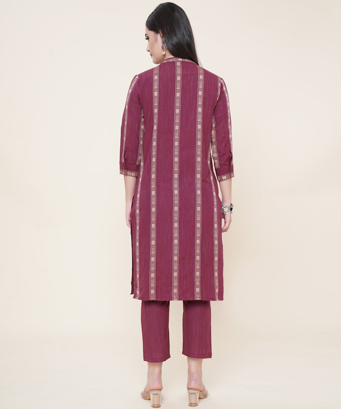 Cotton Kurta Set With Pants Striped Design Pattern , Maroon