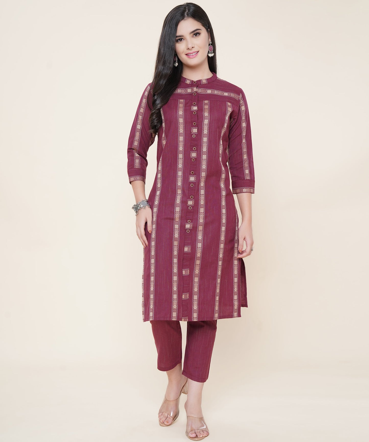 Cotton Kurta Set With Pants Striped Design Pattern , Maroon