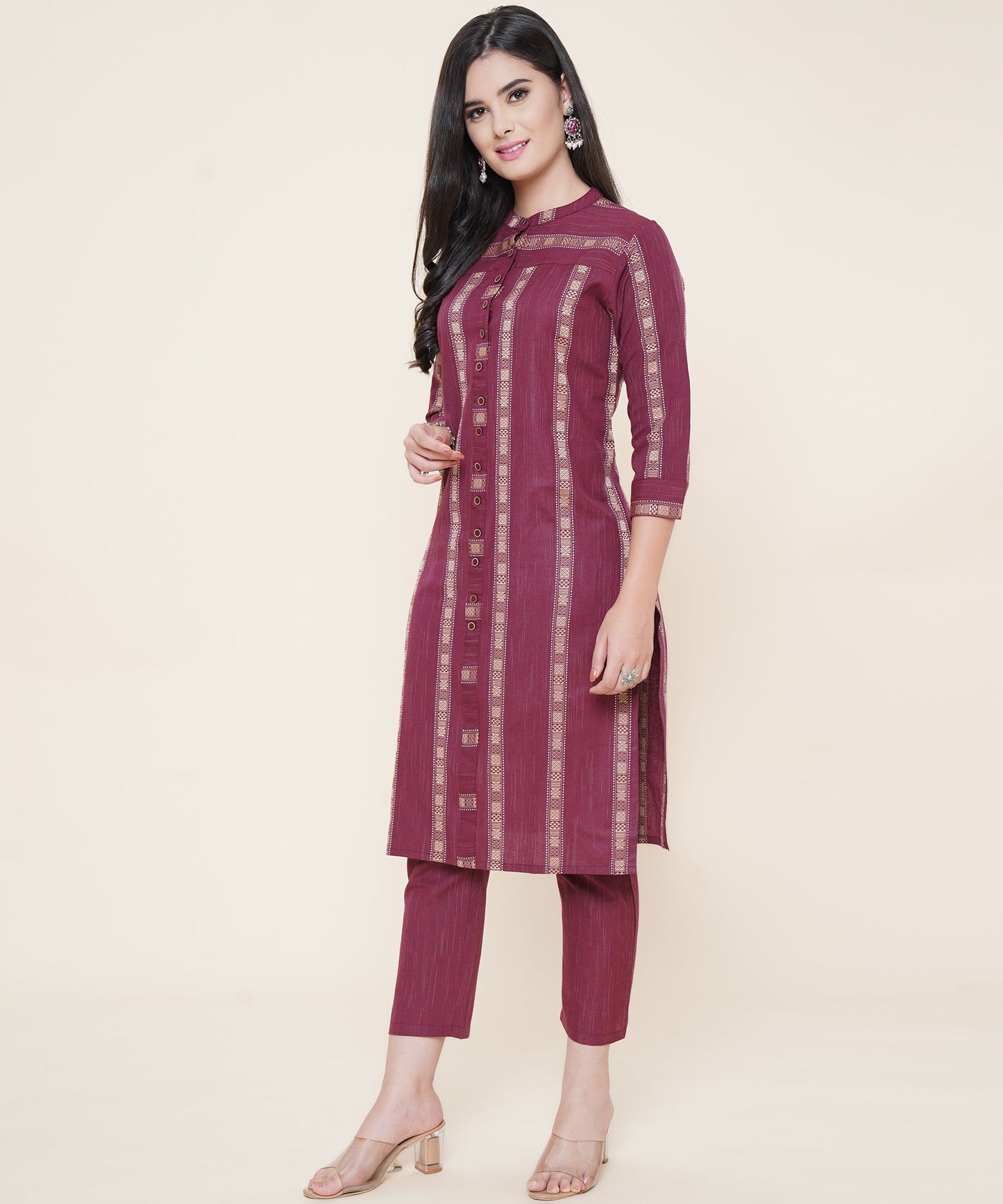Cotton Kurta Set With Pants Striped Design Pattern , Maroon