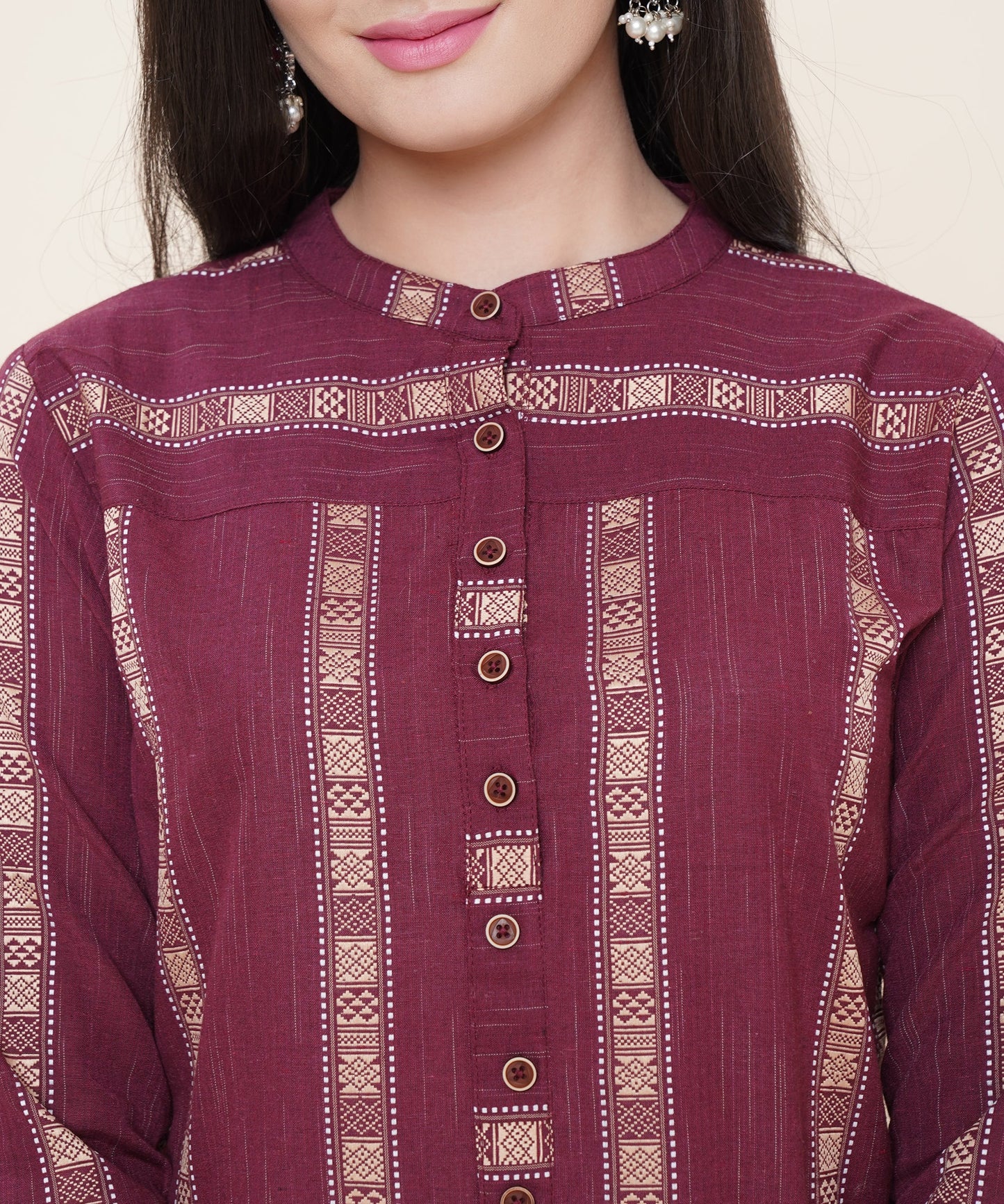 Cotton Kurta Set With Pants Striped Design Pattern , Maroon