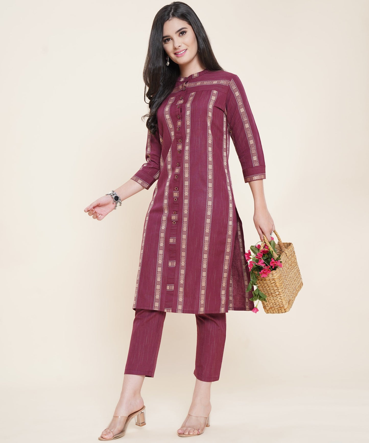 Cotton Kurta Set With Pants Striped Design Pattern , Maroon