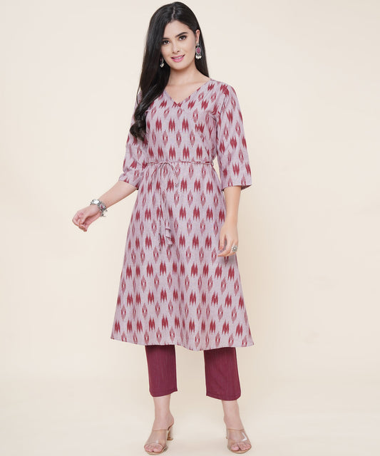 Cotton Printed Angrakha Style Kurta Design, Maroon