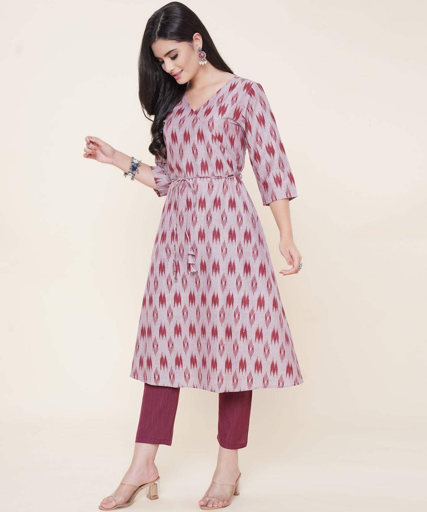 Cotton Printed Angrakha Style Kurta Design, Maroon