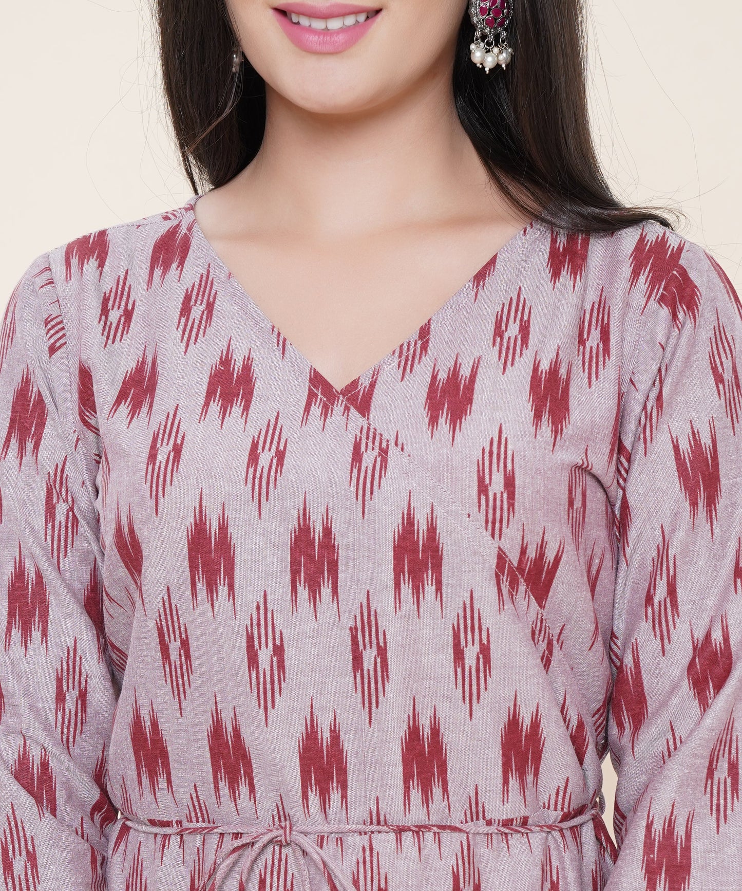 Cotton Printed Angrakha Style Kurta Design, Maroon