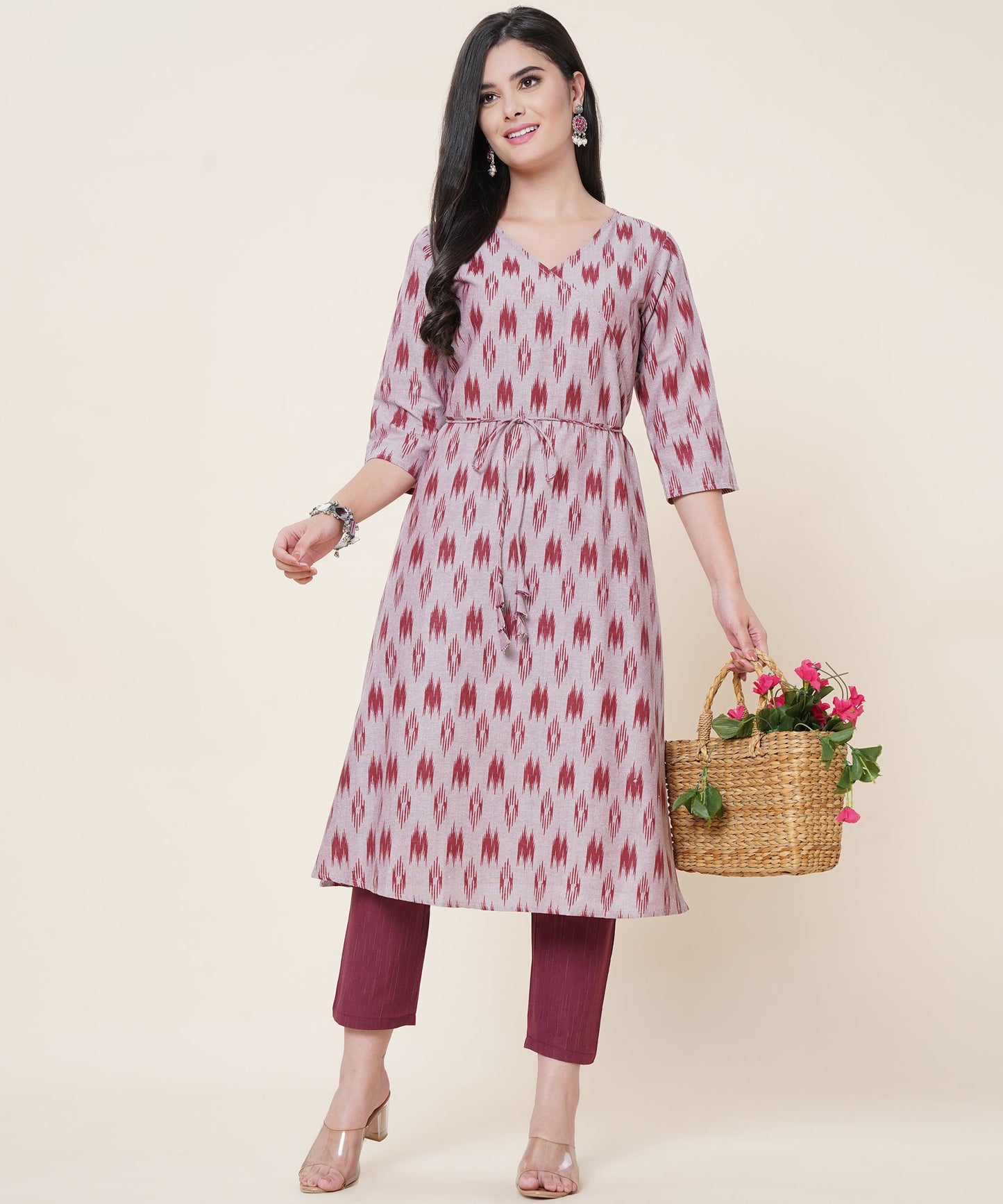Cotton Printed Angrakha Style Kurta Design, Maroon