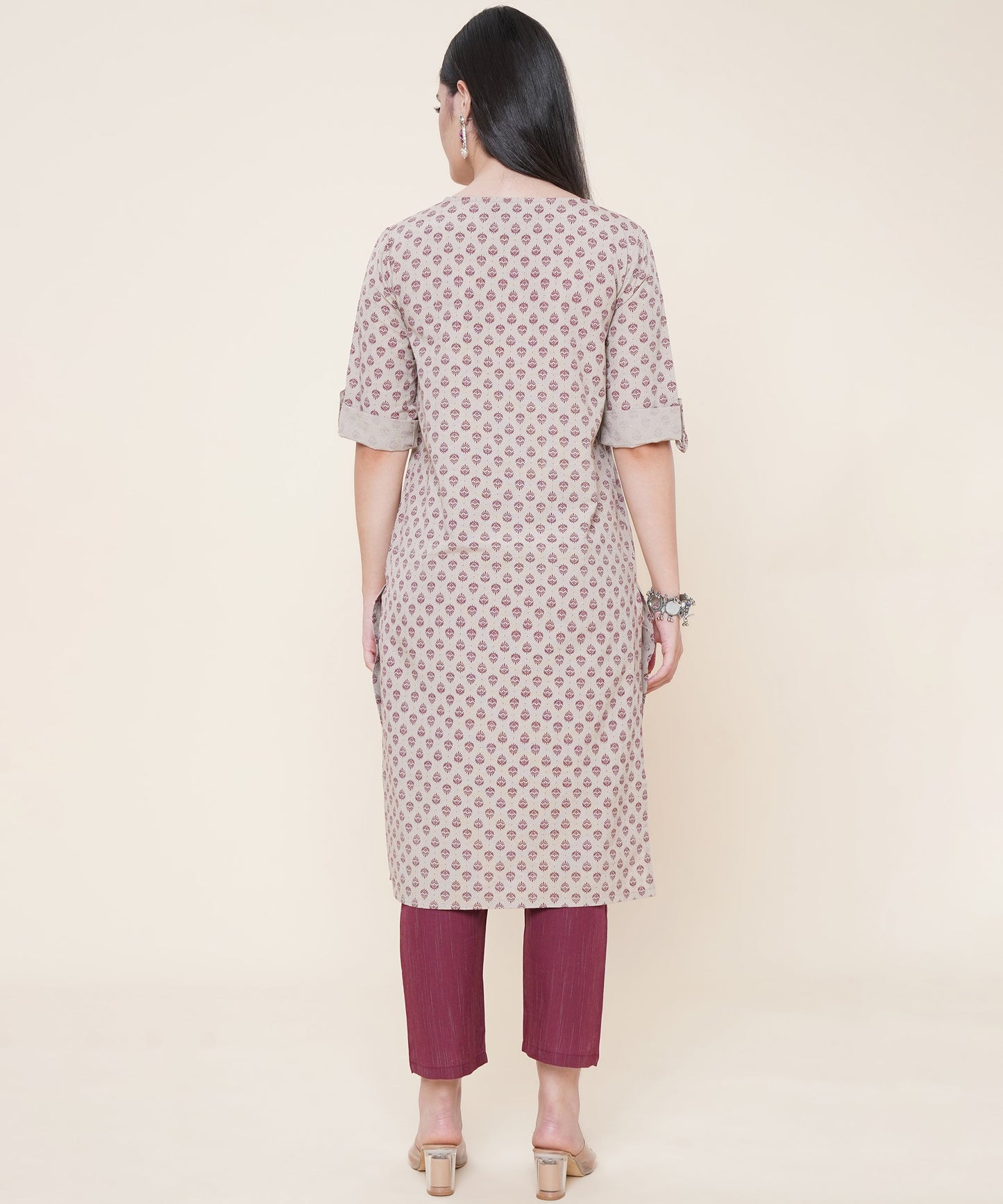 Cotton Printed Kurta Design with Tap Sleeve Button Style, Brown