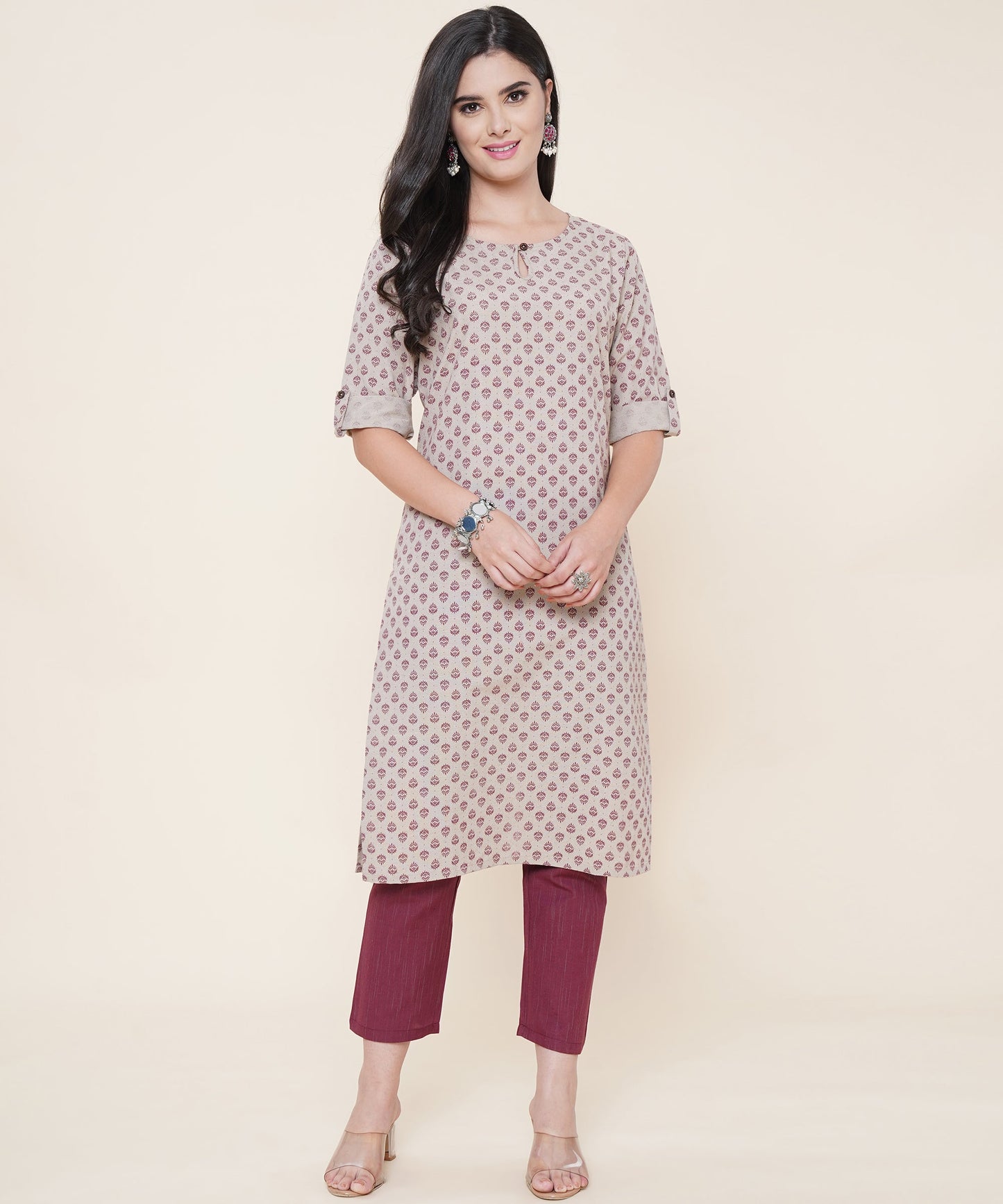 Cotton Printed Kurta Design with Tap Sleeve Button Style, Brown