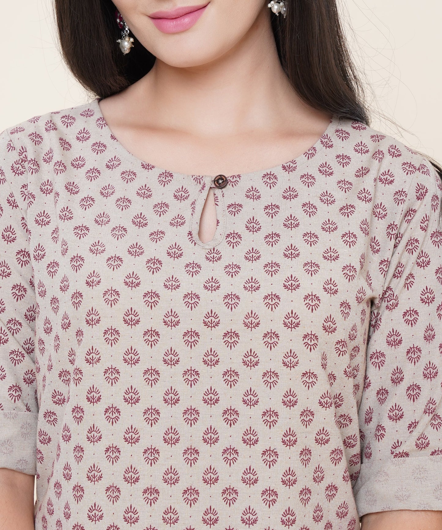 Cotton Printed Kurta Design with Tap Sleeve Button Style, Brown