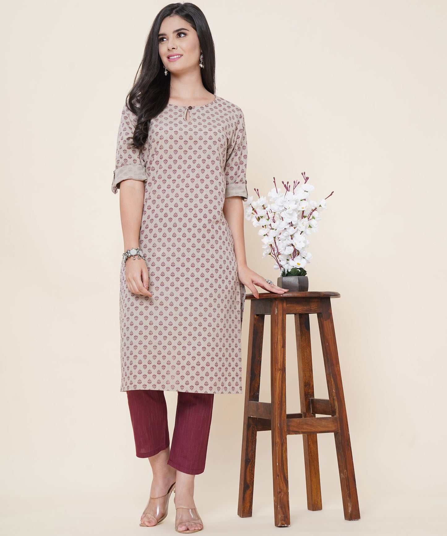 Cotton Printed Kurta Design with Tap Sleeve Button Style, Brown