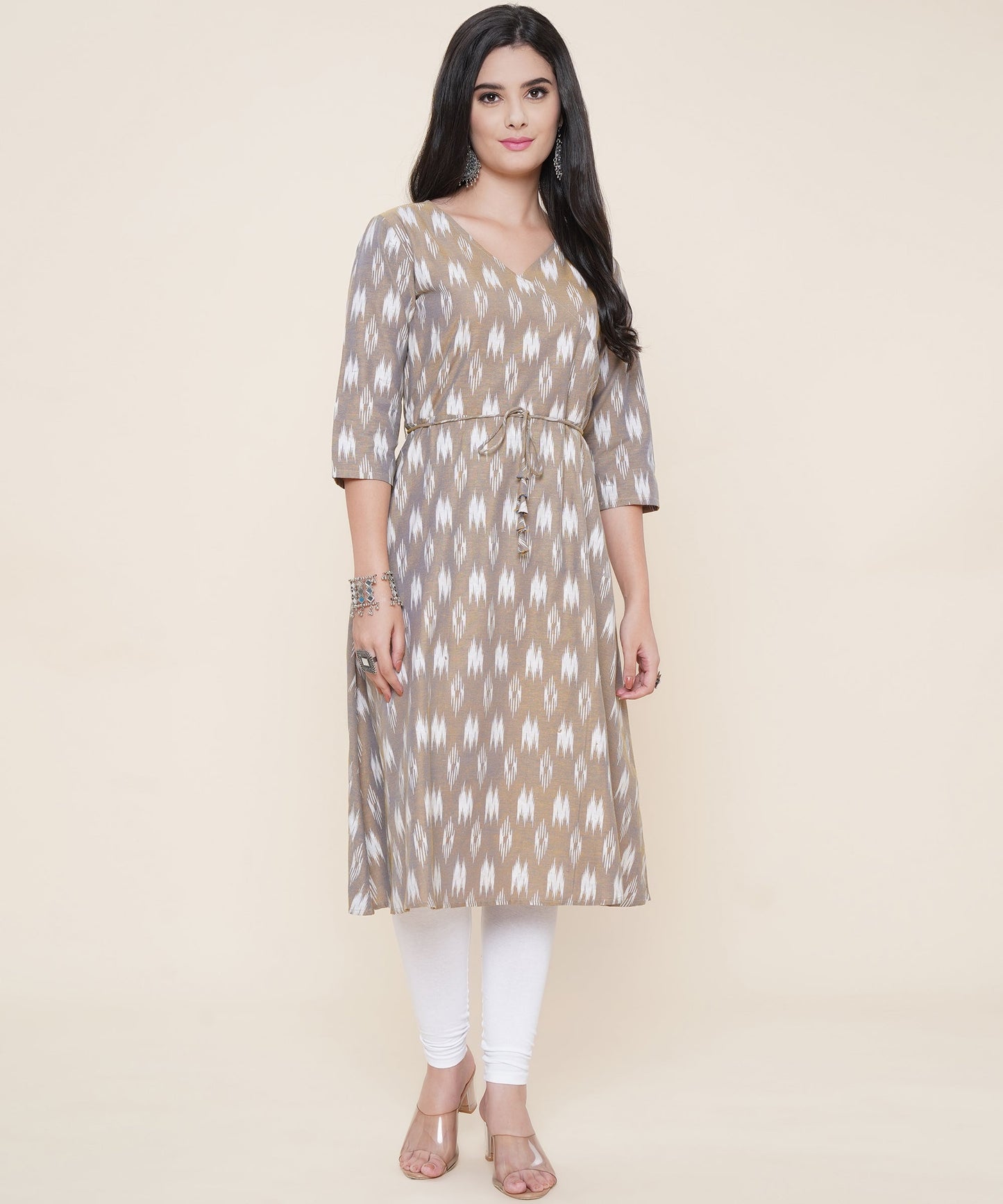 Cotton Printed Angrakha  Style Kurta Design, Grey