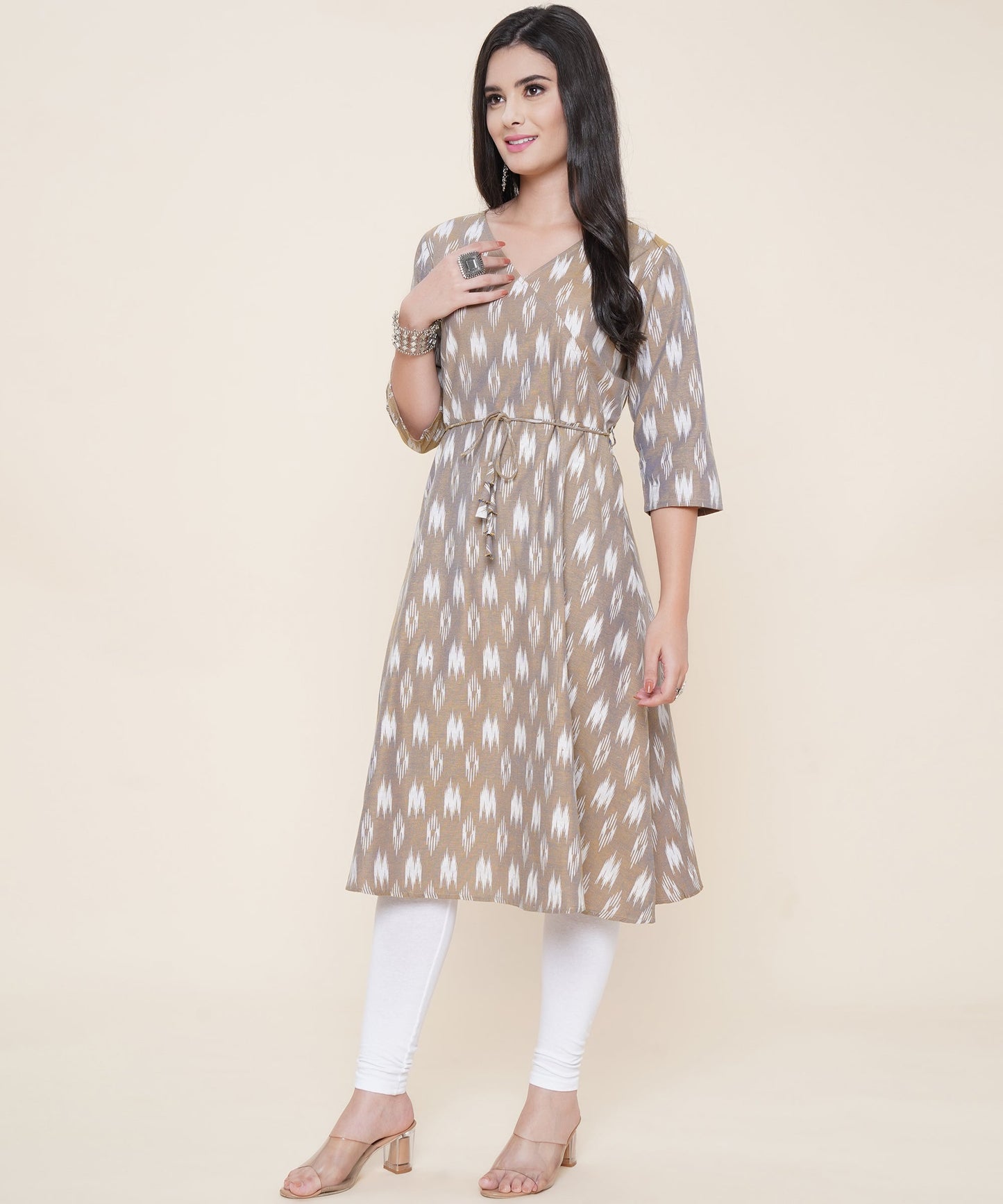 Cotton Printed Angrakha  Style Kurta Design, Grey