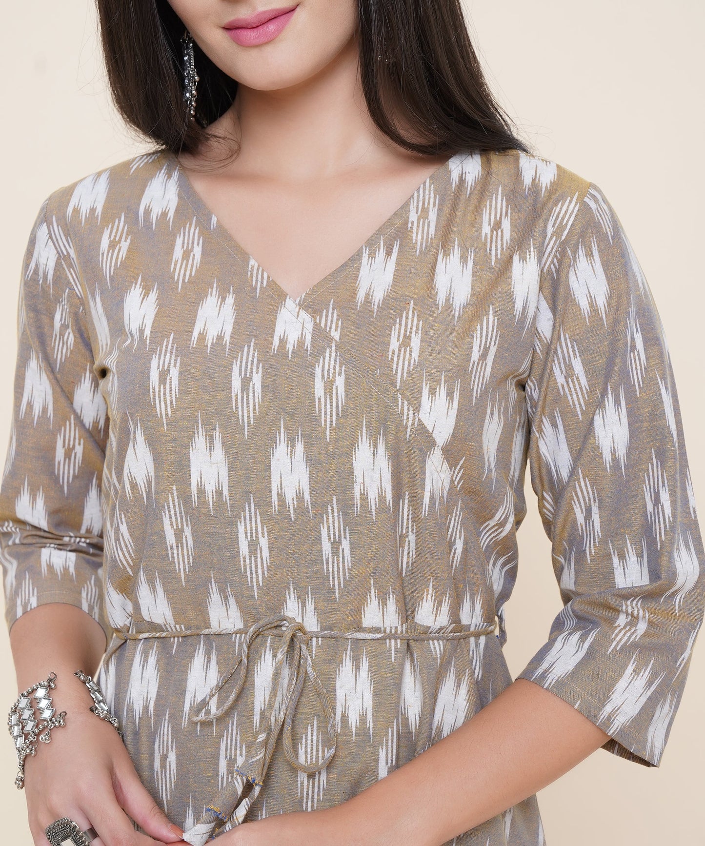 Cotton Printed Angrakha  Style Kurta Design, Grey