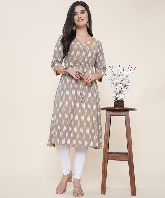 Cotton Printed Angrakha  Style Kurta Design, Grey