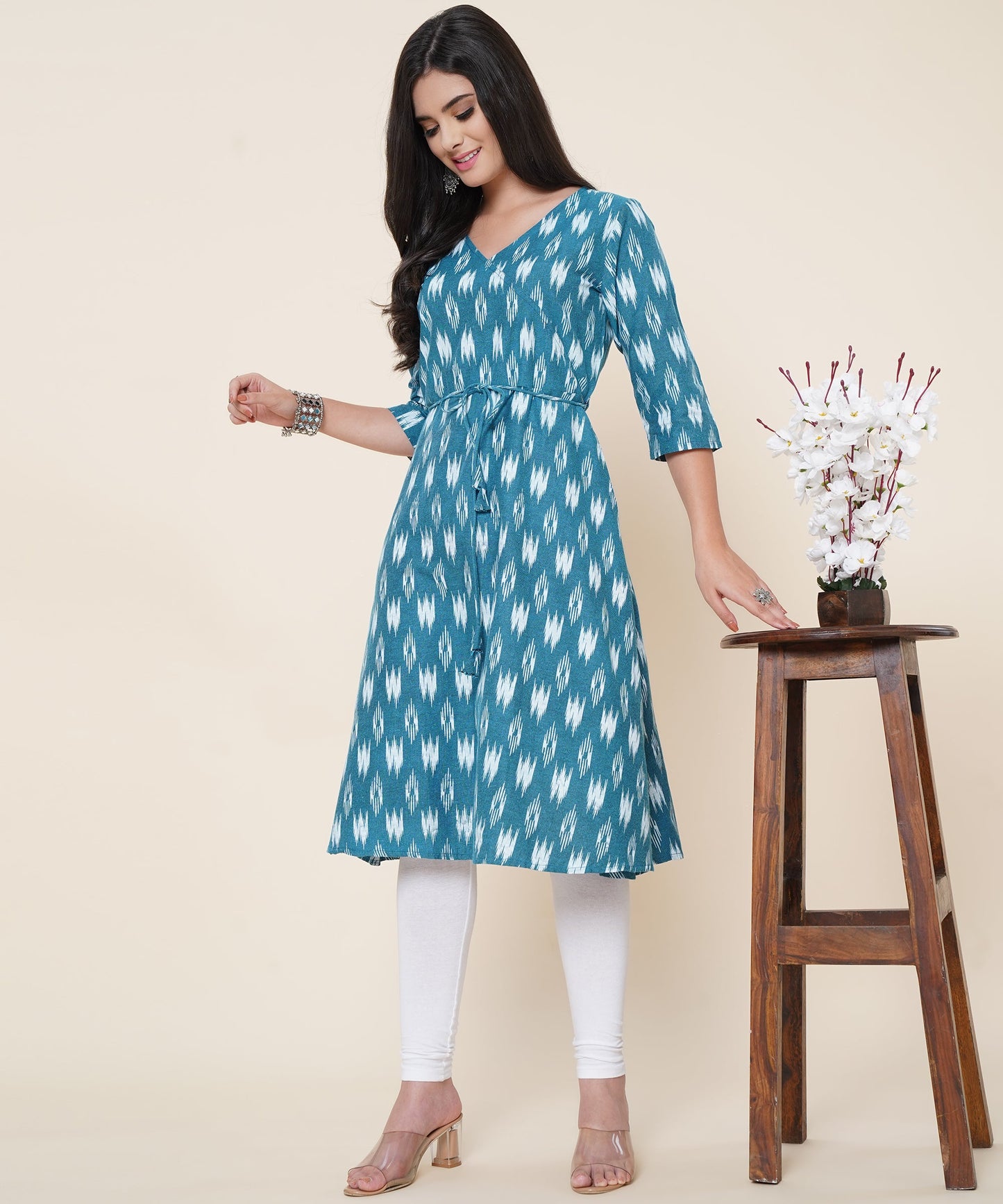 Cotton Printed Angrakha Style Kurta Design, Blue