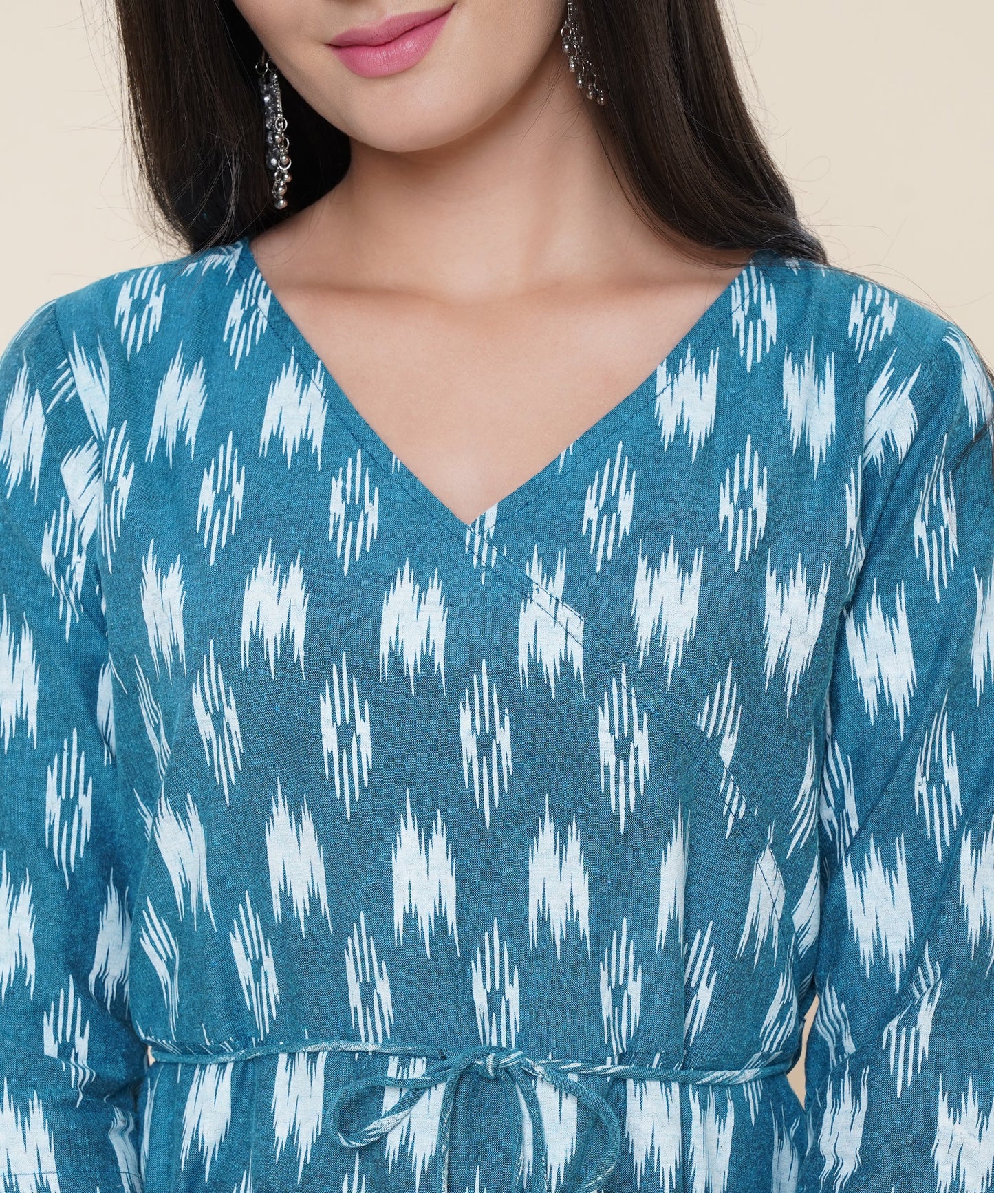 Cotton Printed Angrakha Style Kurta Design, Blue