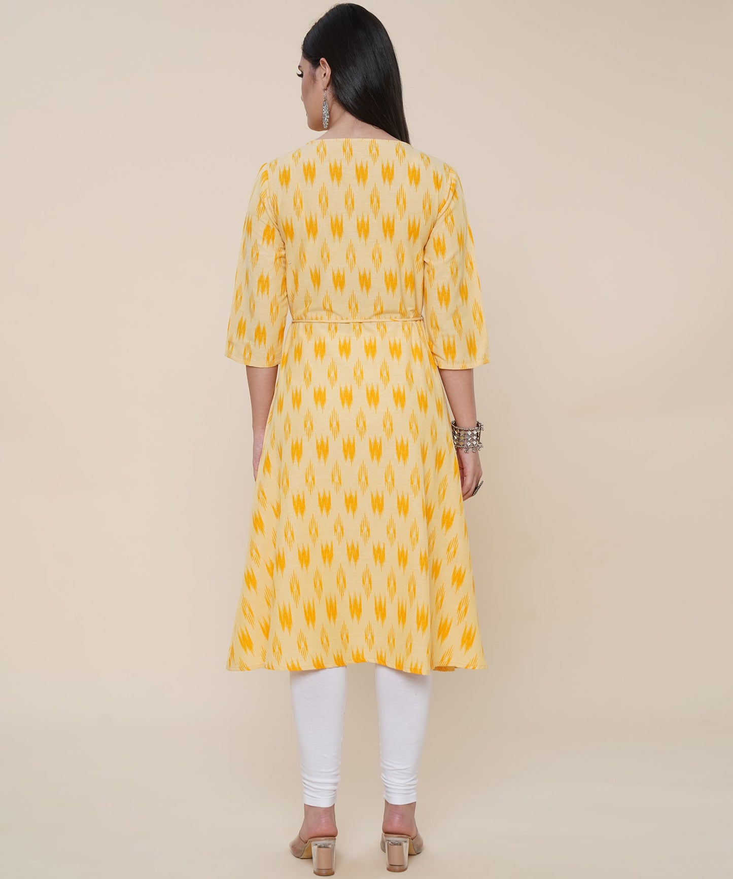 Cotton Printed Angrakha Style Kurta Design, Yellow