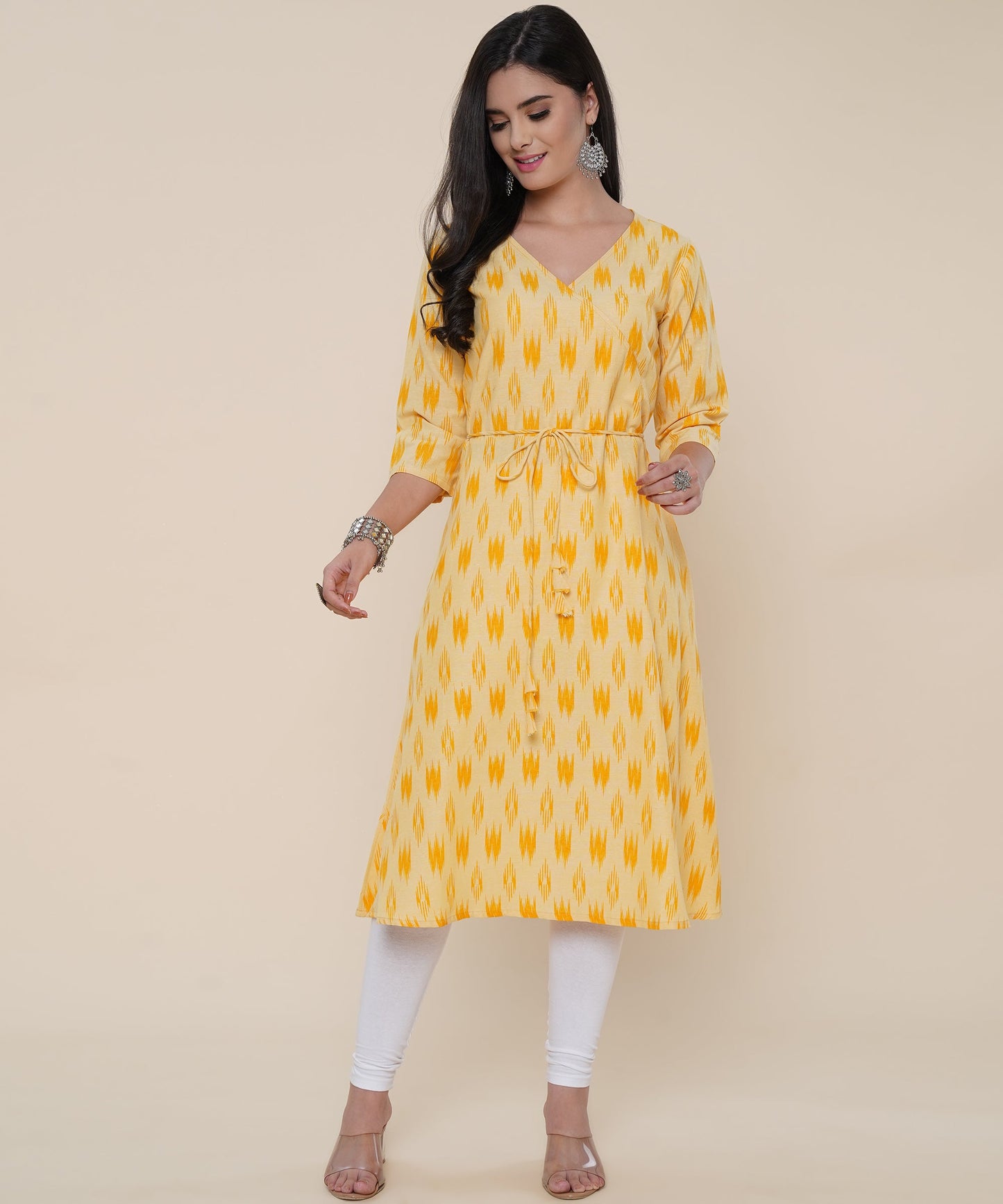 Cotton Printed Angrakha Style Kurta Design, Yellow