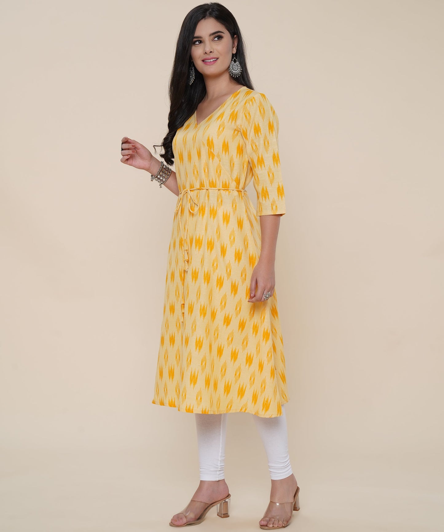 Cotton Printed Angrakha Style Kurta Design, Yellow