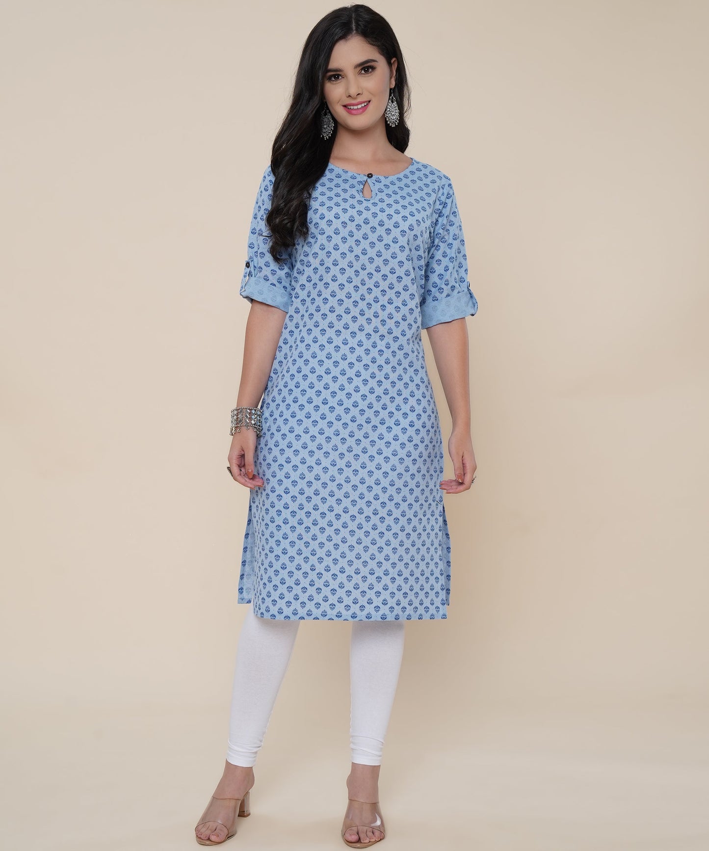 Cotton Printed Kurta Design with Tap Sleeve Button Style, Blue