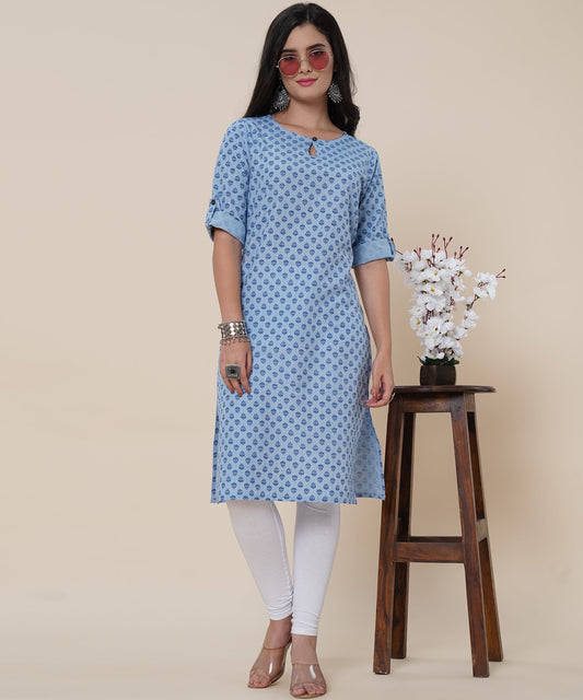 Cotton Printed Kurta Design with Tap Sleeve Button Style, Blue