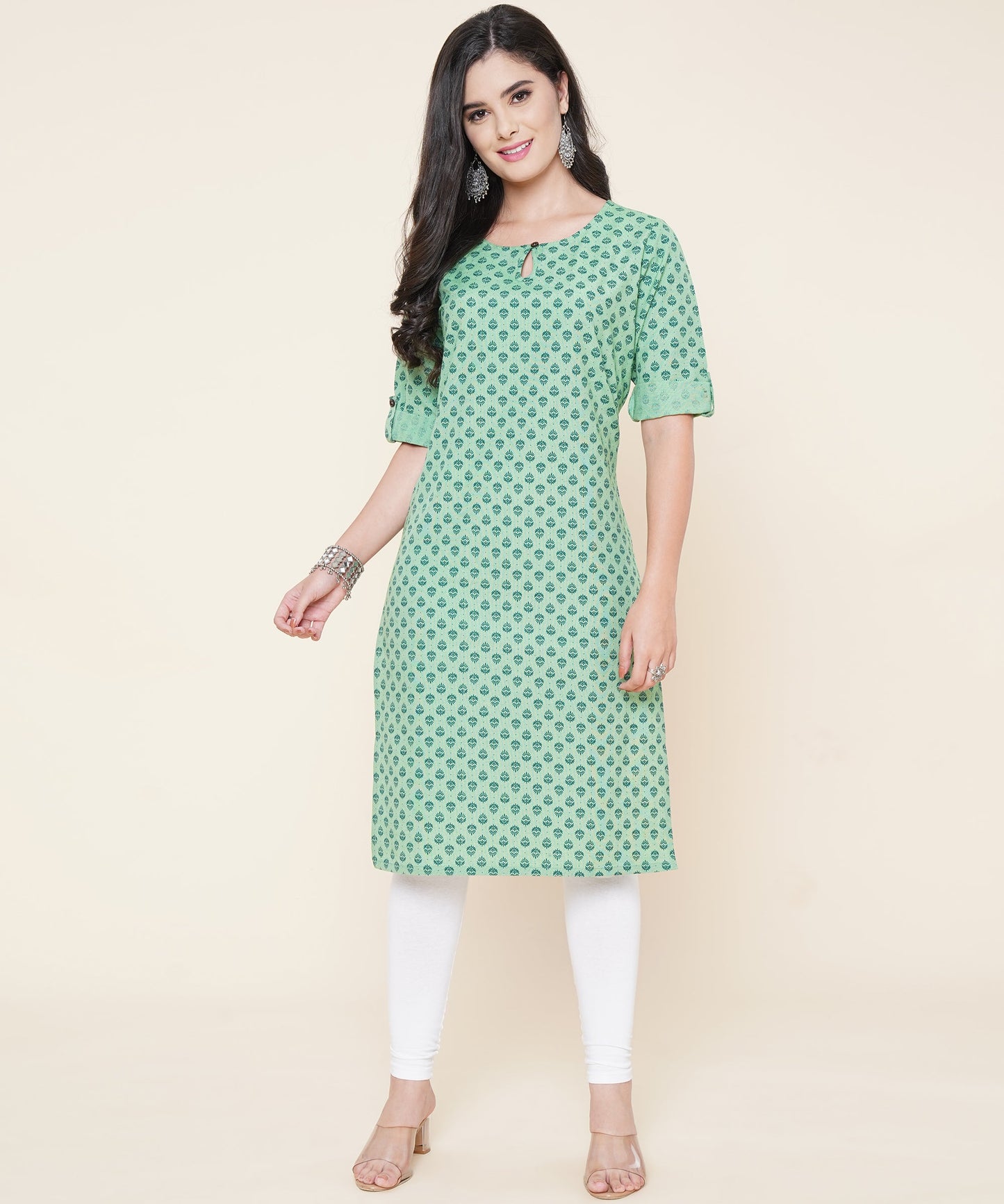 Cotton Printed Kurta Design with Tap Sleeve Button Style, Green
