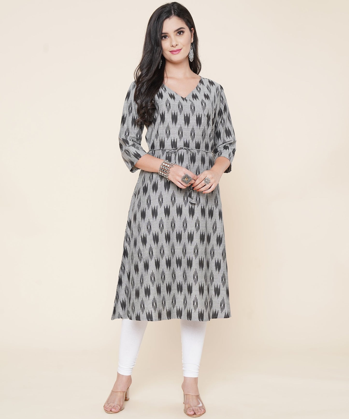 Cotton Printed Angrakha Style Kurta Design, Black