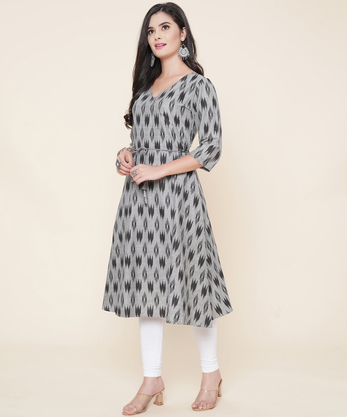 Cotton Printed Angrakha Style Kurta Design, Black