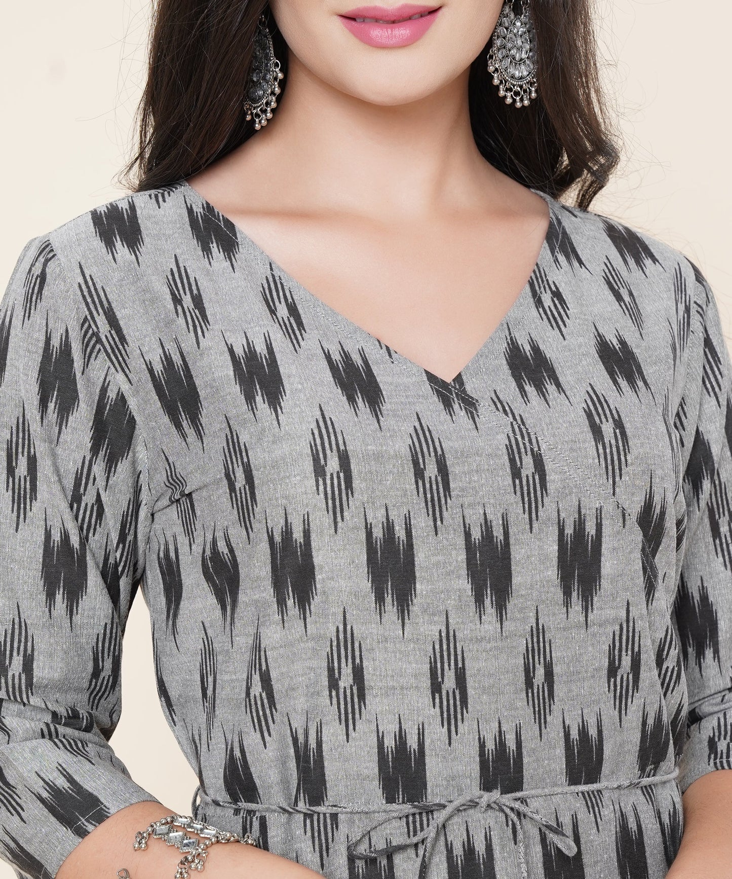 Cotton Printed Angrakha Style Kurta Design, Black