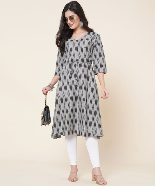 Cotton Printed Angrakha Style Kurta Design, Black