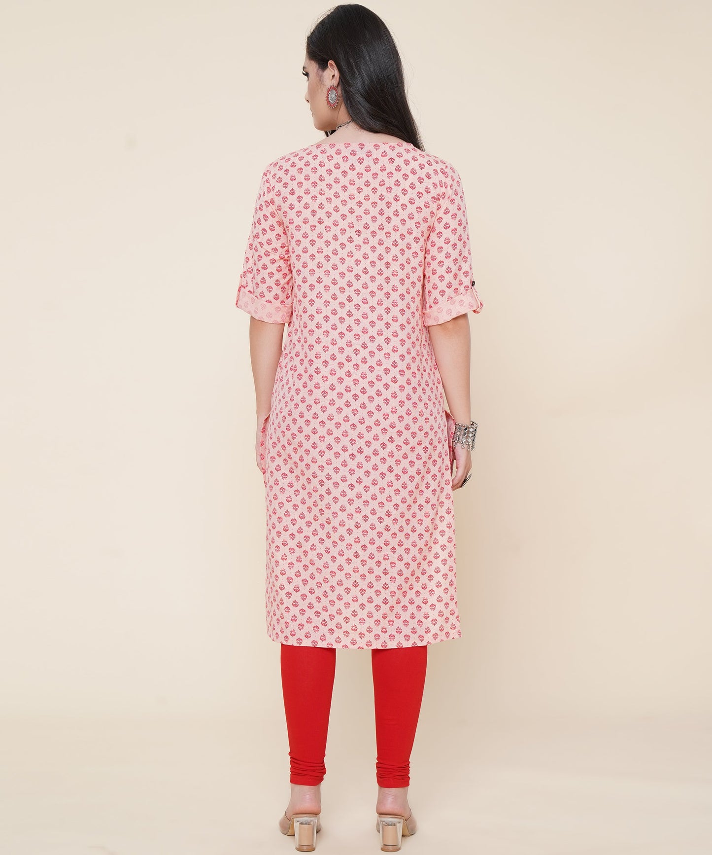 Cotton Printed Kurta Design with Tap Sleeve Button, Orange