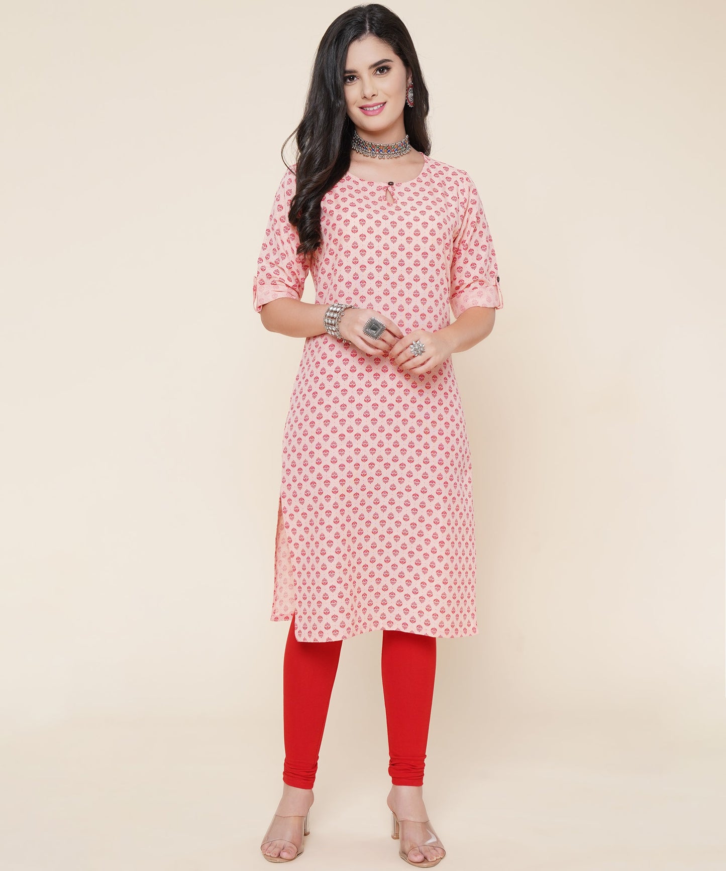 Cotton Printed Kurta Design with Tap Sleeve Button, Orange