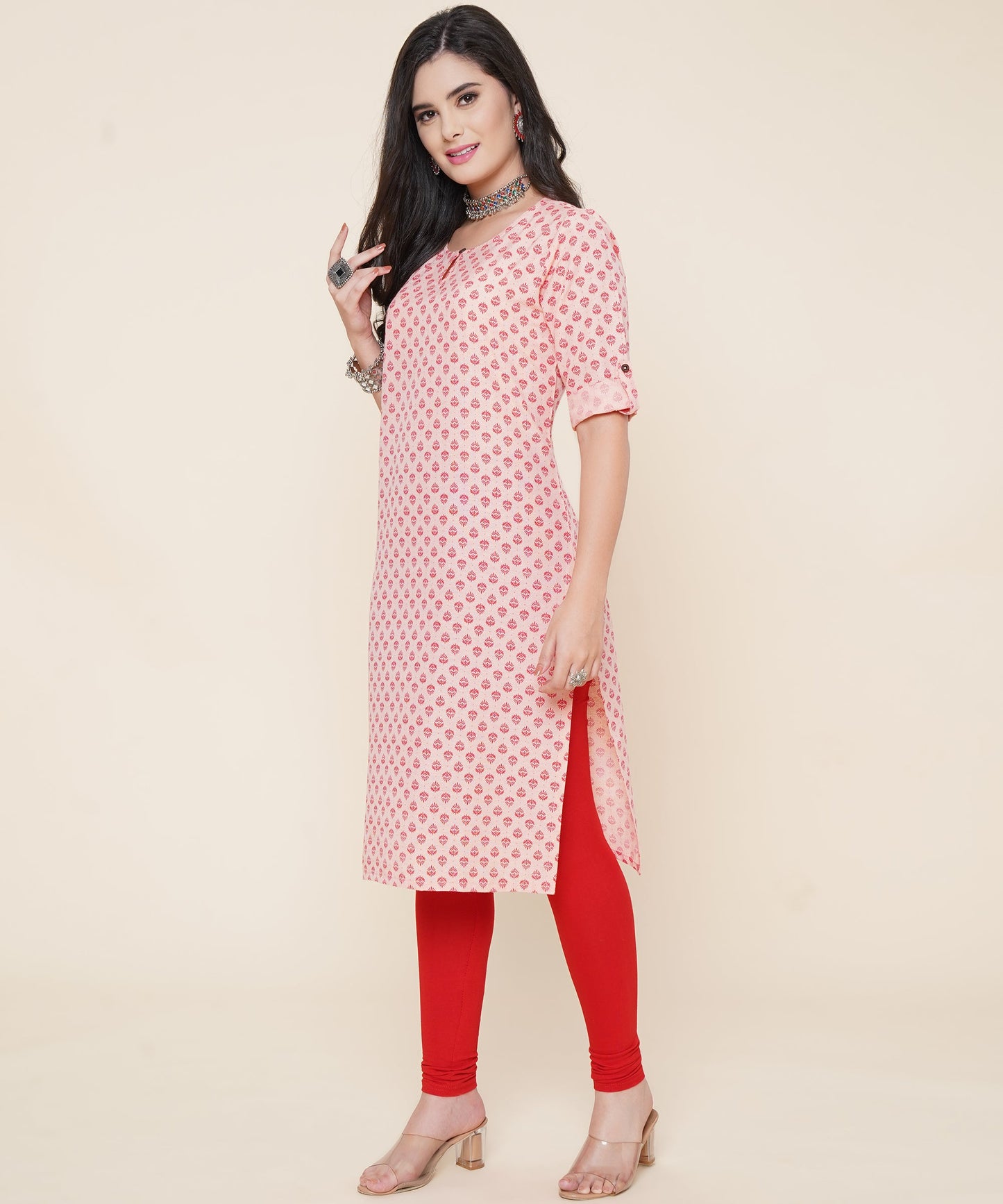 Cotton Printed Kurta Design with Tap Sleeve Button, Orange