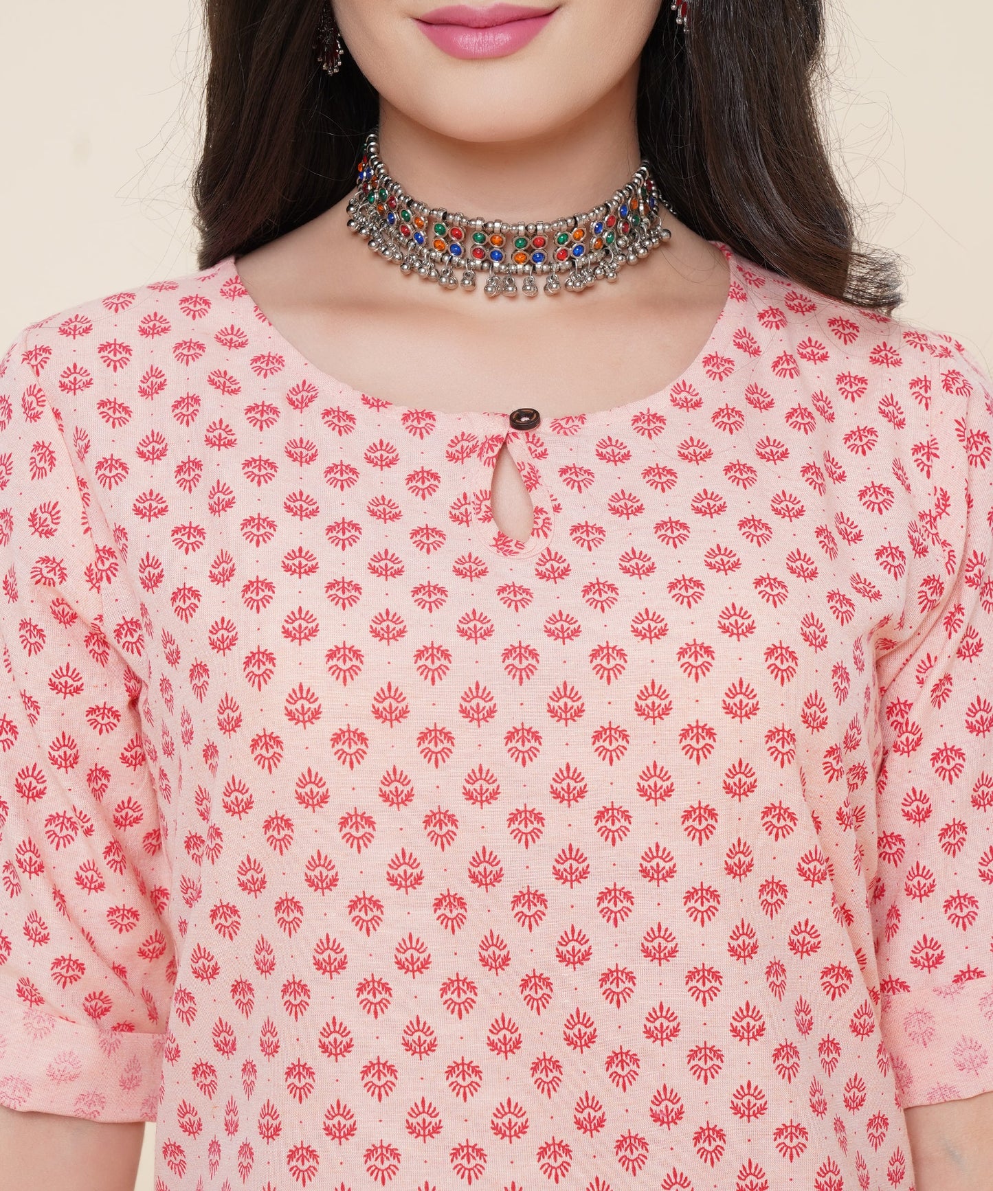 Cotton Printed Kurta Design with Tap Sleeve Button, Orange