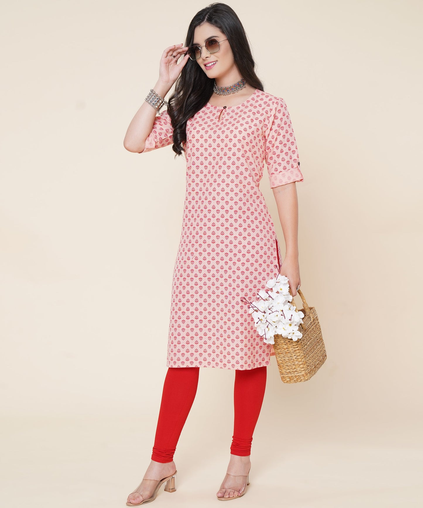 Cotton Printed Kurta Design with Tap Sleeve Button, Orange