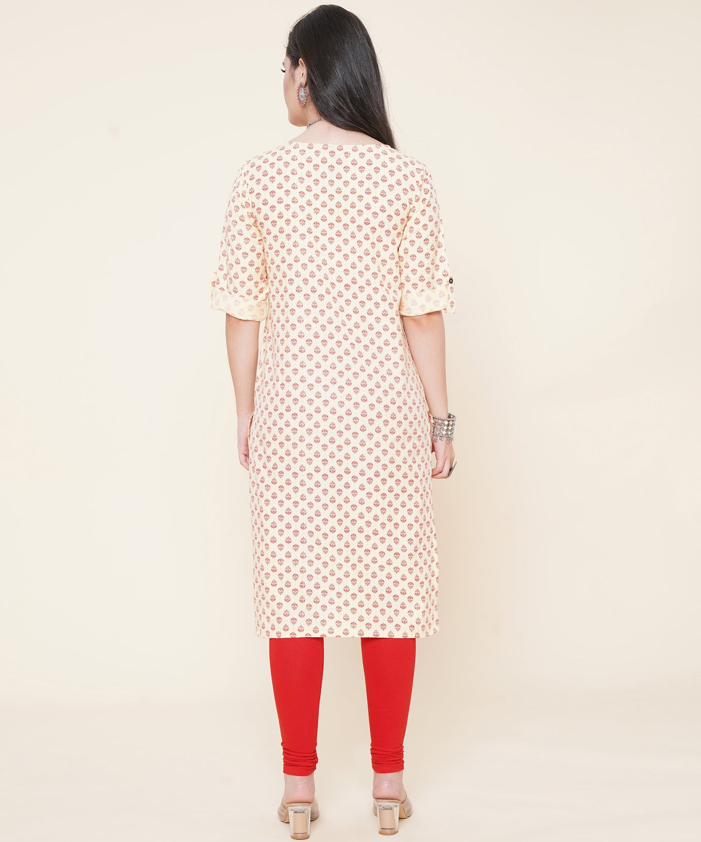 Cotton Printed Kurta Design with Tap Sleeve Button Style, Yellow