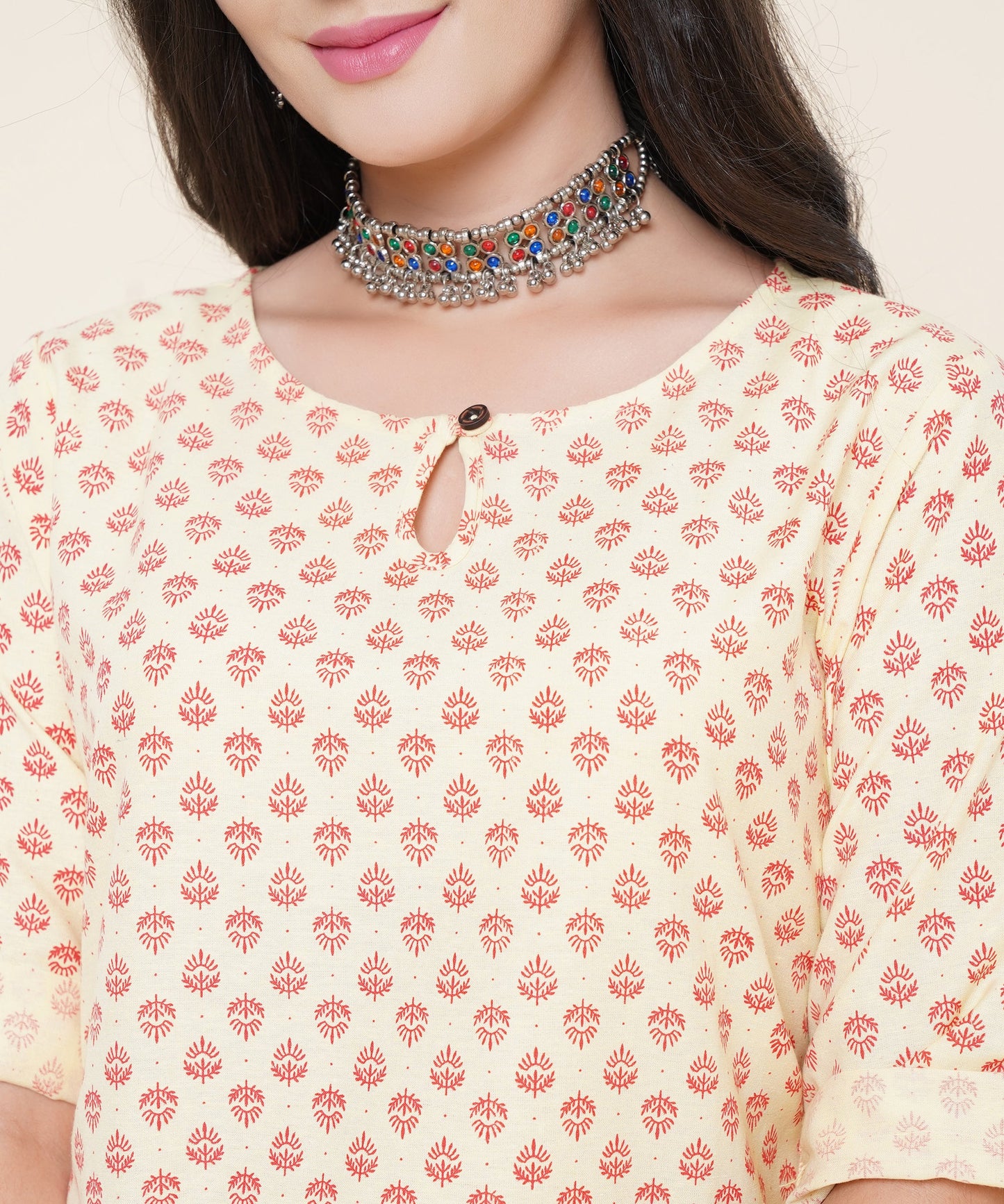 Cotton Printed Kurta Design with Tap Sleeve Button Style, Yellow