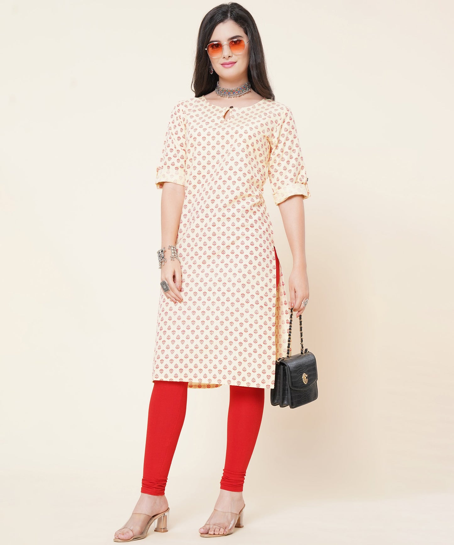 Cotton Printed Kurta Design with Tap Sleeve Button Style, Yellow