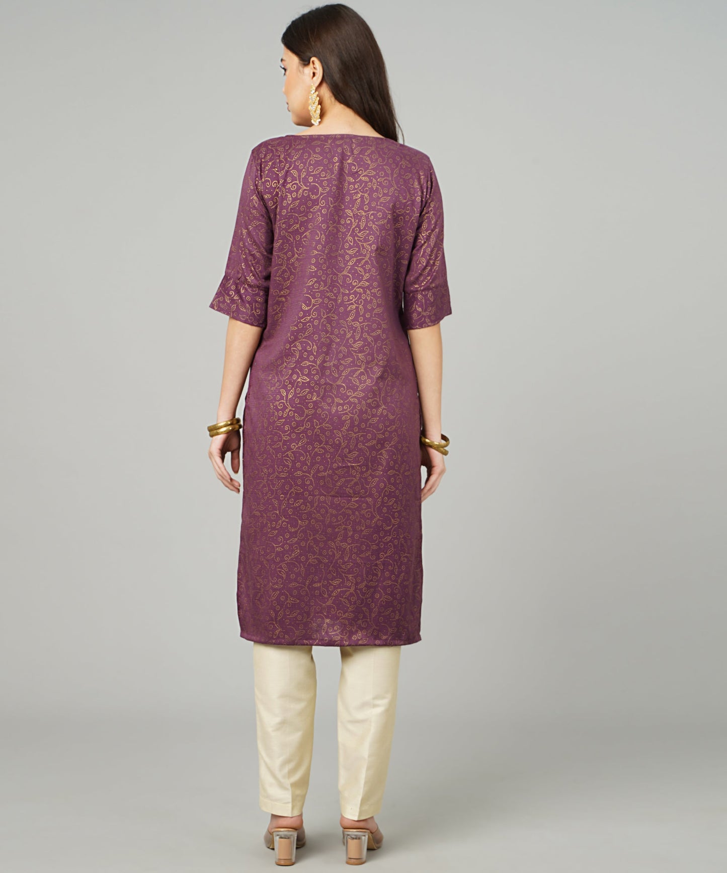 ANUSHIL Cotton Gold Print Sweatheart Neck Elbow Sleeves Straight Kurti for Women's, and Girl's (Wine)