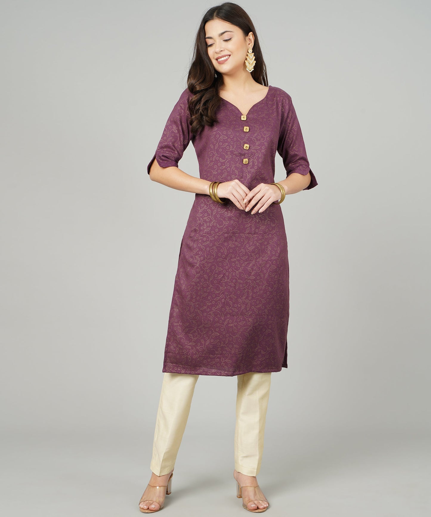 ANUSHIL Cotton Gold Print Sweatheart Neck Elbow Sleeves Straight Kurti for Women's, and Girl's (Wine)