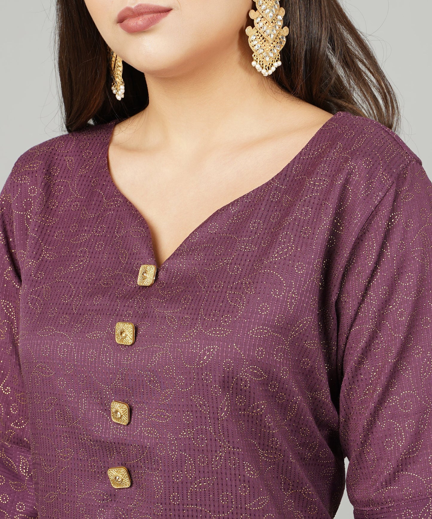 ANUSHIL Cotton Gold Print Sweatheart Neck Elbow Sleeves Straight Kurti for Women's, and Girl's (Wine)