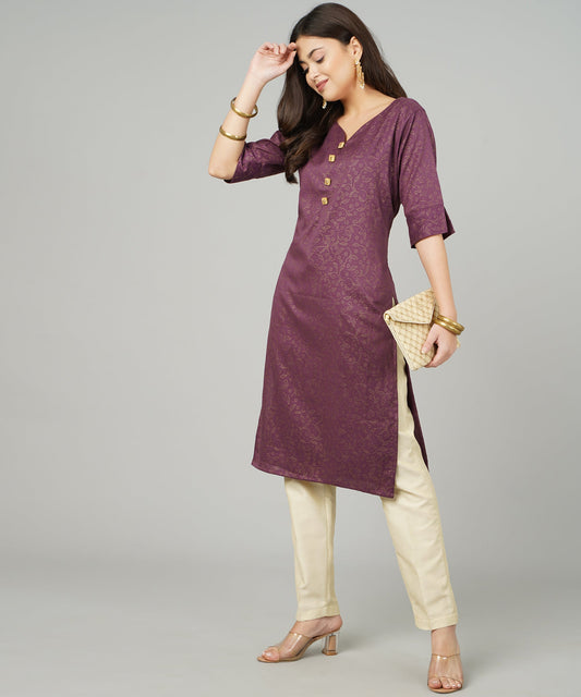 ANUSHIL Cotton Gold Print Sweatheart Neck Elbow Sleeves Straight Kurti for Women's, and Girl's (Wine)