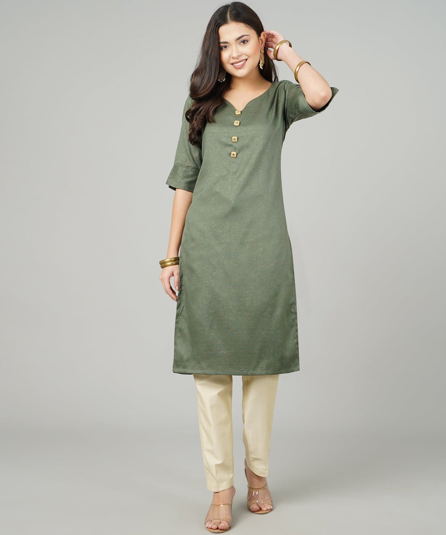 ANUSHIL Cotton Gold Print Sweatheart Neck Elbow Sleeves Straight Kurti for Women's, and Girl's (Green)