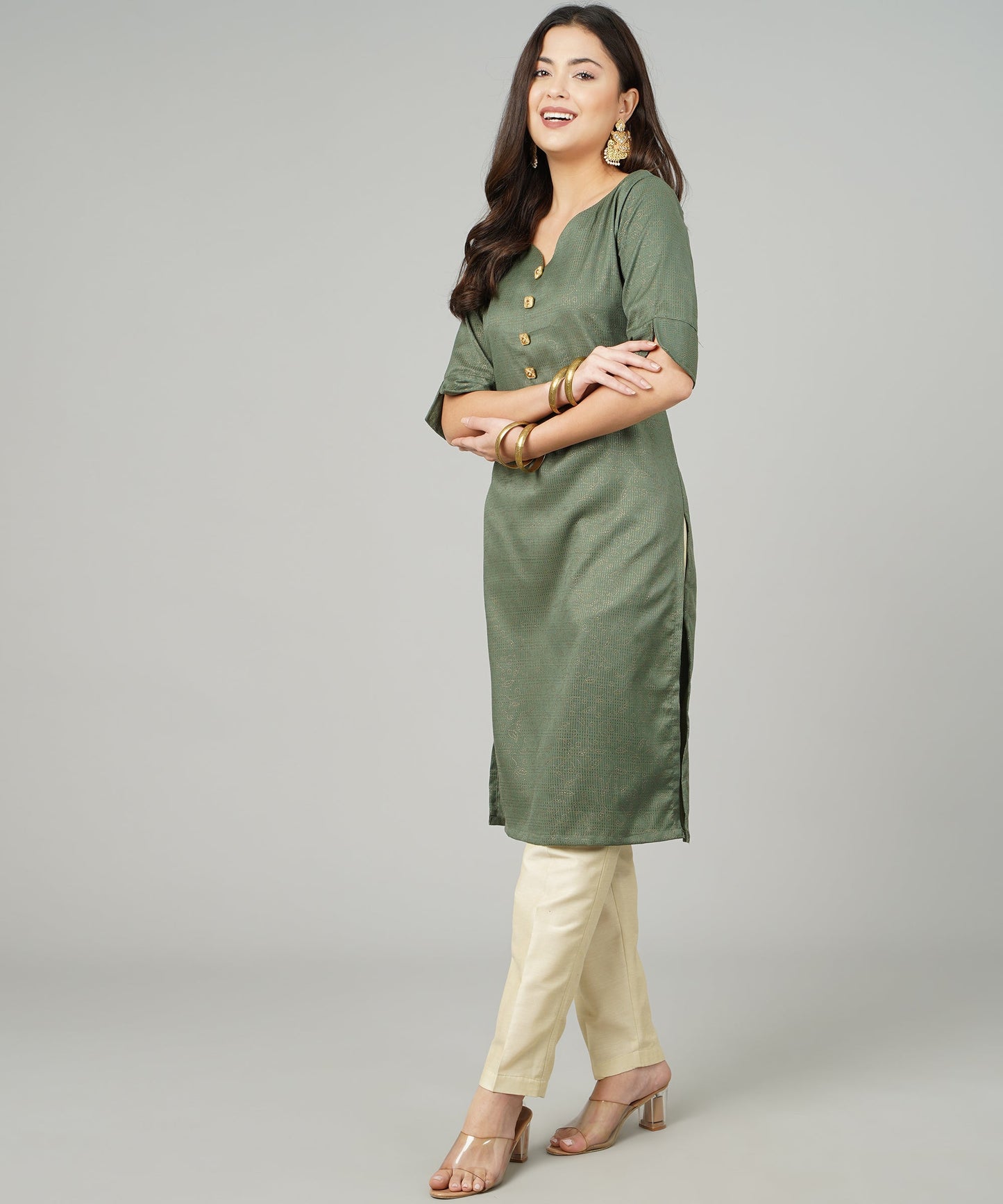 ANUSHIL Cotton Gold Print Sweatheart Neck Elbow Sleeves Straight Kurti for Women's, and Girl's (Green)