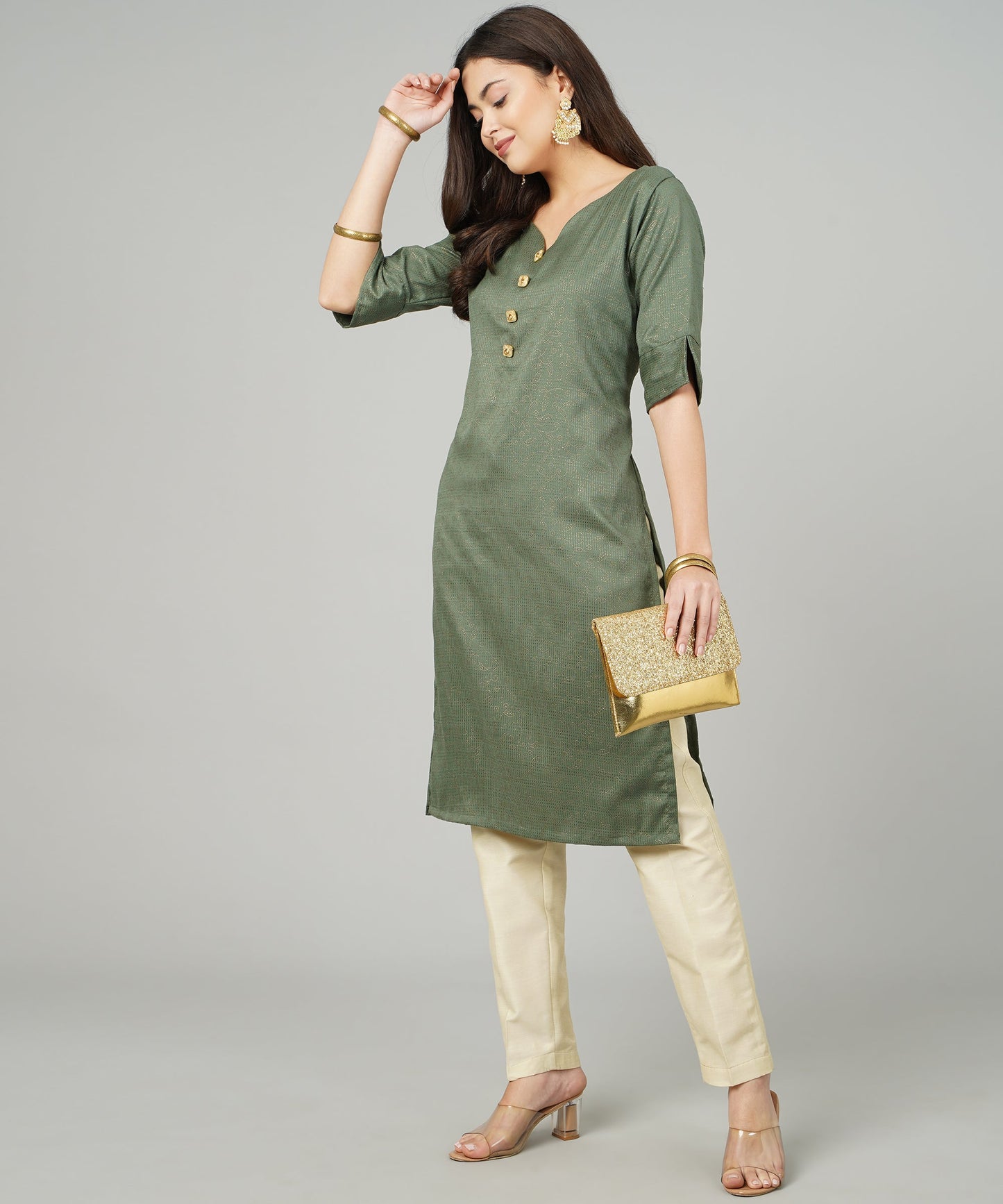 ANUSHIL Cotton Gold Print Sweatheart Neck Elbow Sleeves Straight Kurti for Women's, and Girl's (Green)