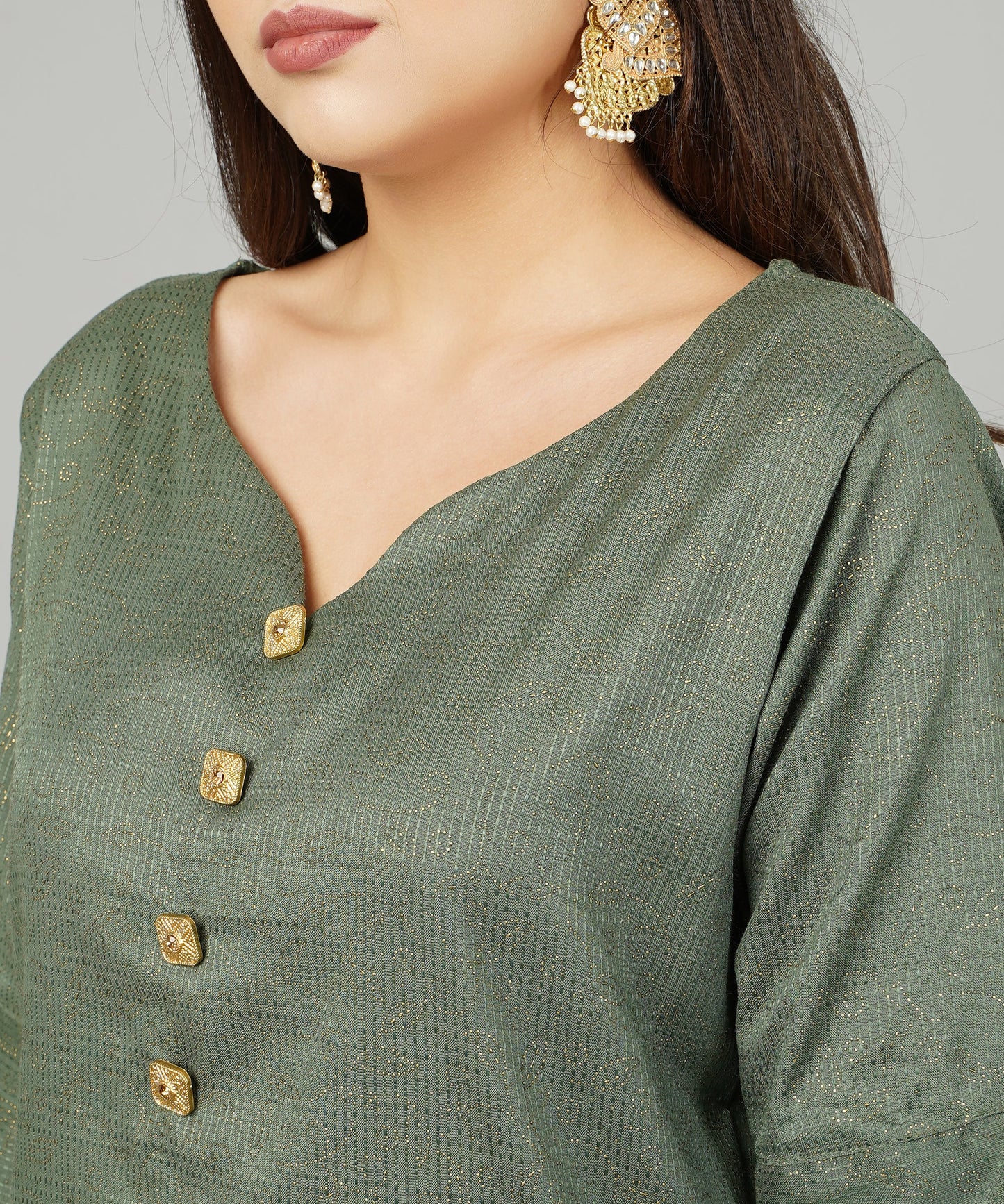 ANUSHIL Cotton Gold Print Sweatheart Neck Elbow Sleeves Straight Kurti for Women's, and Girl's (Green)