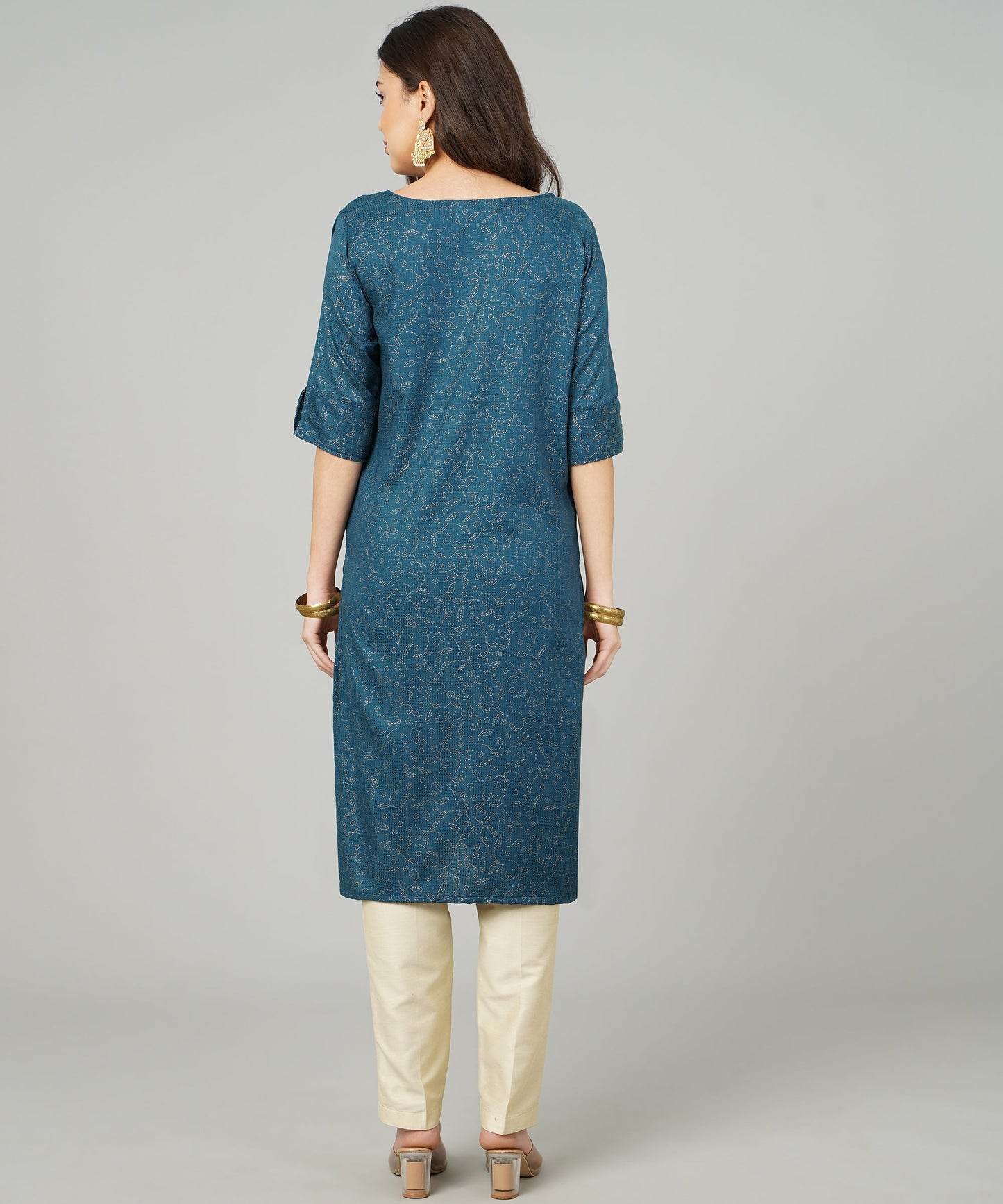 ANUSHIL Cotton Gold Print Sweatheart Neck Elbow Sleeves Straight Kurti for Women's, and Girl's (Blue)