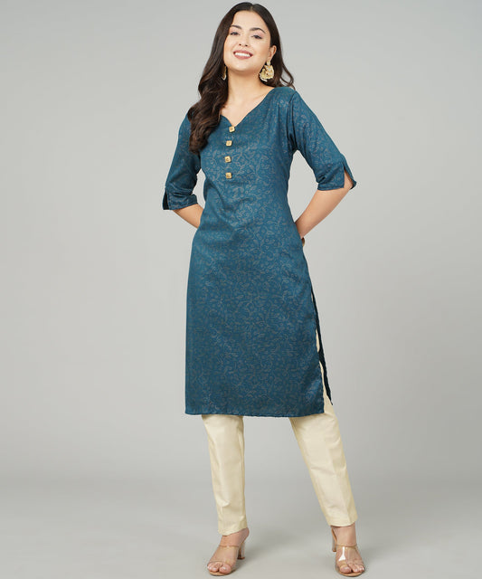 ANUSHIL Cotton Gold Print Sweatheart Neck Elbow Sleeves Straight Kurti for Women's, and Girl's (Blue)