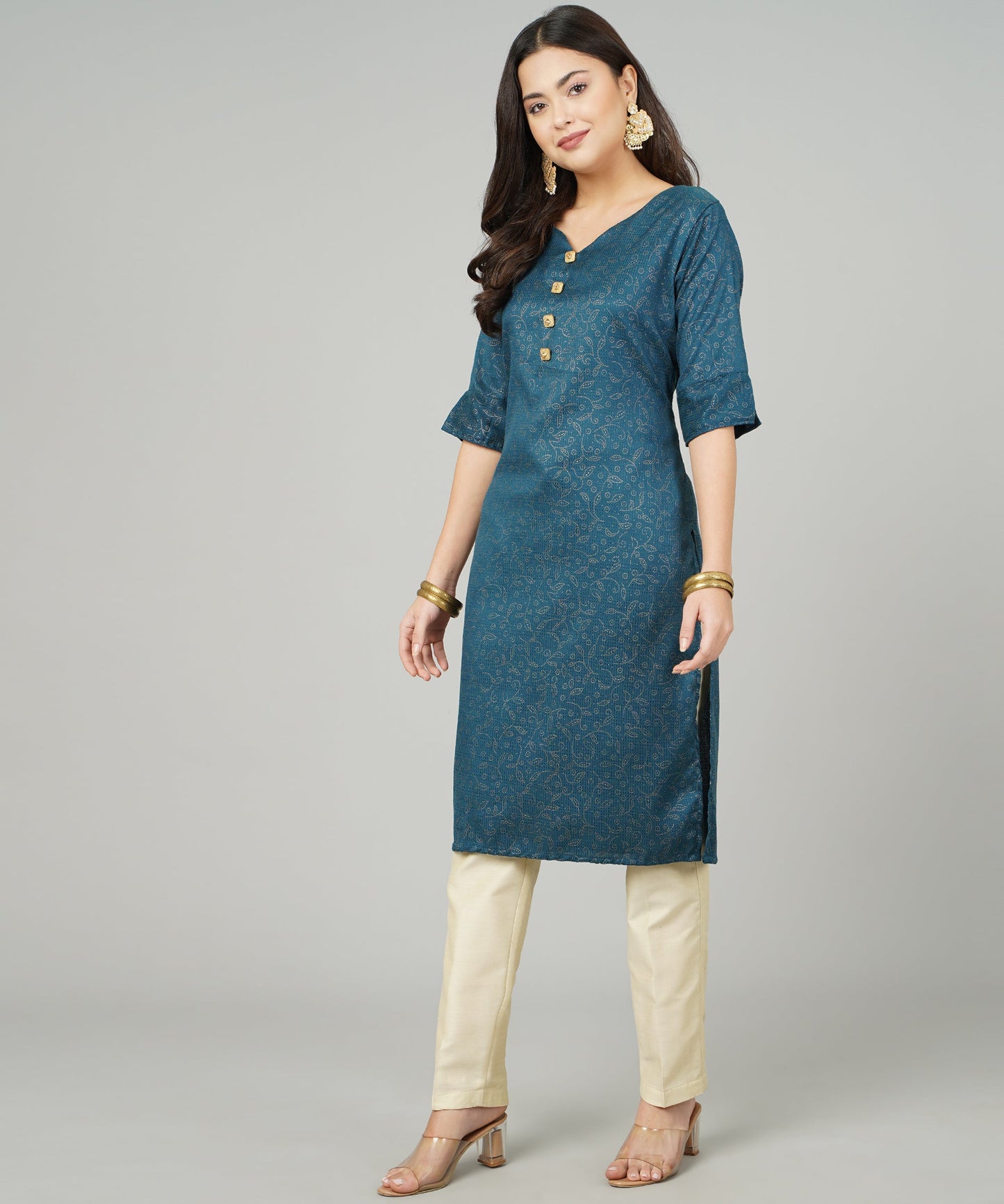 ANUSHIL Cotton Gold Print Sweatheart Neck Elbow Sleeves Straight Kurti for Women's, and Girl's (Blue)