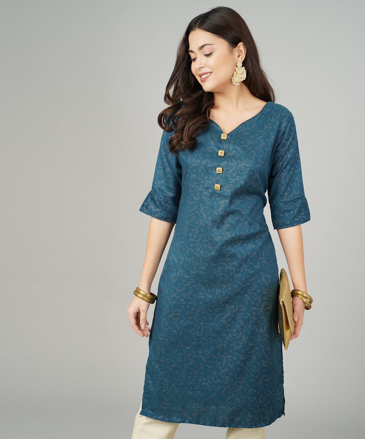 ANUSHIL Cotton Gold Print Sweatheart Neck Elbow Sleeves Straight Kurti for Women's, and Girl's (Blue)